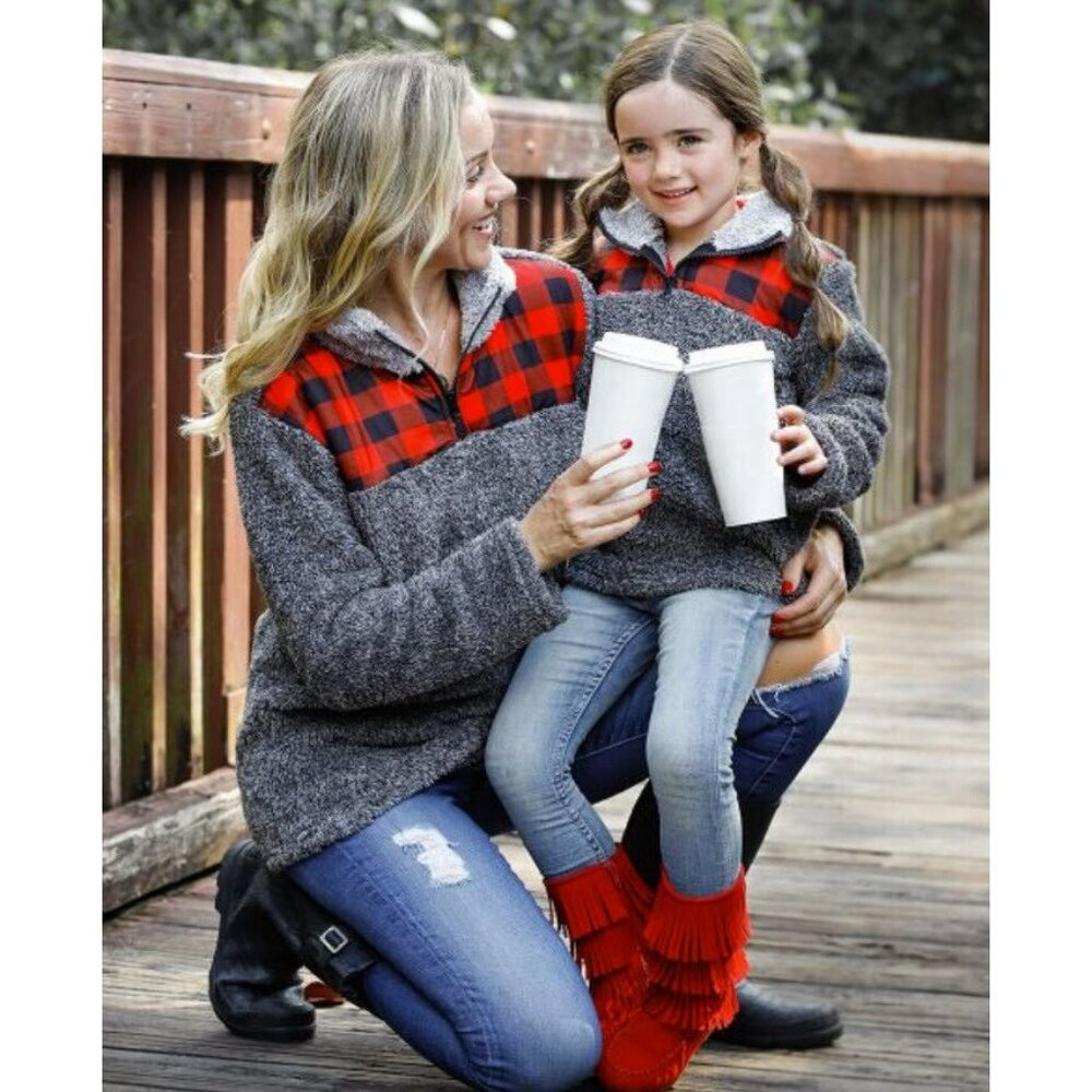 Mia Belle Red Buffalo Plaid and Grey Pullover Sweater for Mother and Child (NWT)